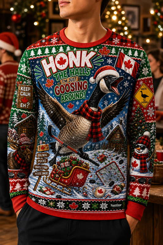Canadian Goose Christmas Ugly Christmas Sweater — custom christmas team apparel worn on model — TeamGear Canada