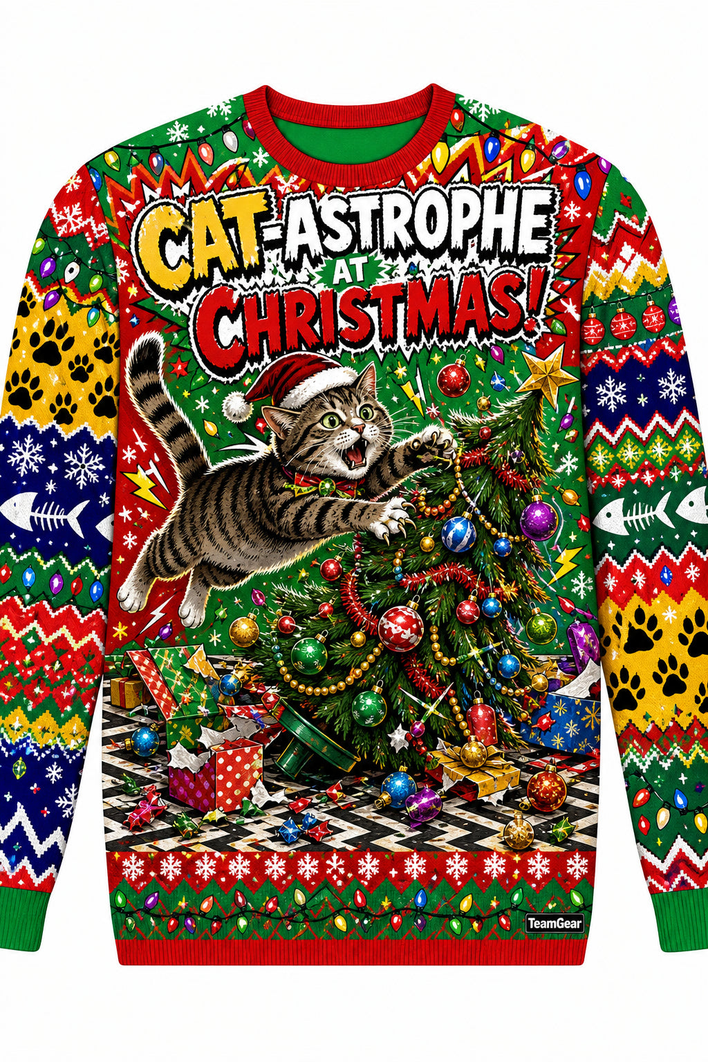 Cat Attacking the Christmas Tree Ugly Christmas Sweater design