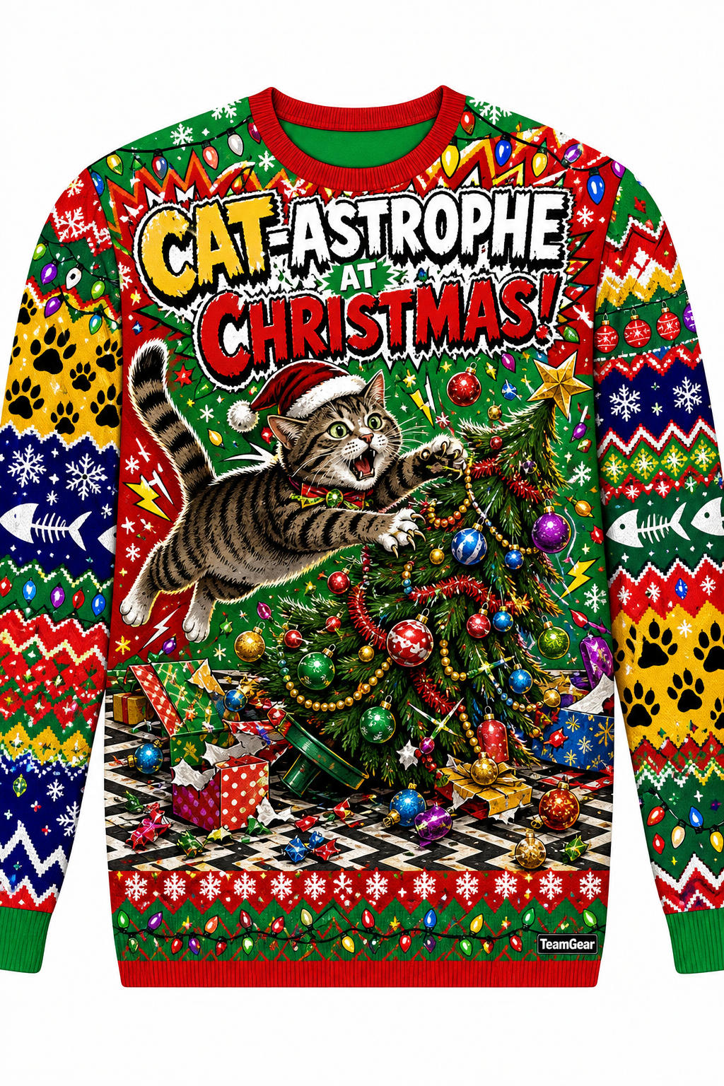 Cat Attacking the Christmas Tree Ugly Christmas Sweater design
