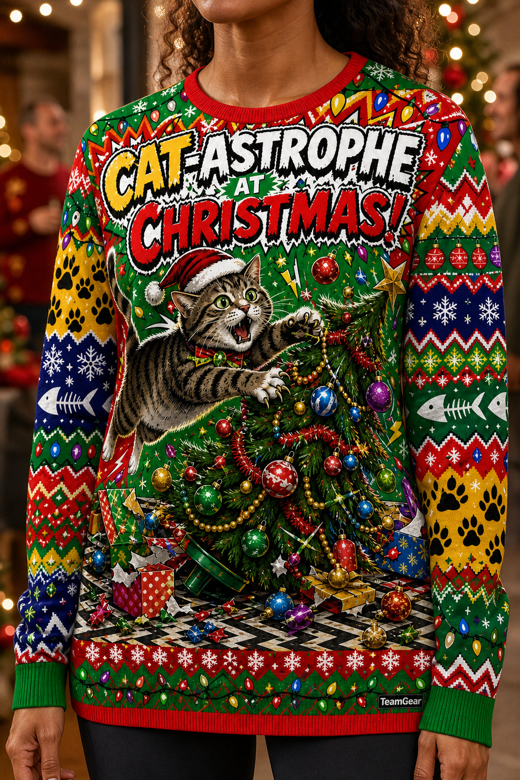 Cat Attacking the Christmas Tree Ugly Christmas Sweater — custom christmas team apparel worn on model — TeamGear Canada