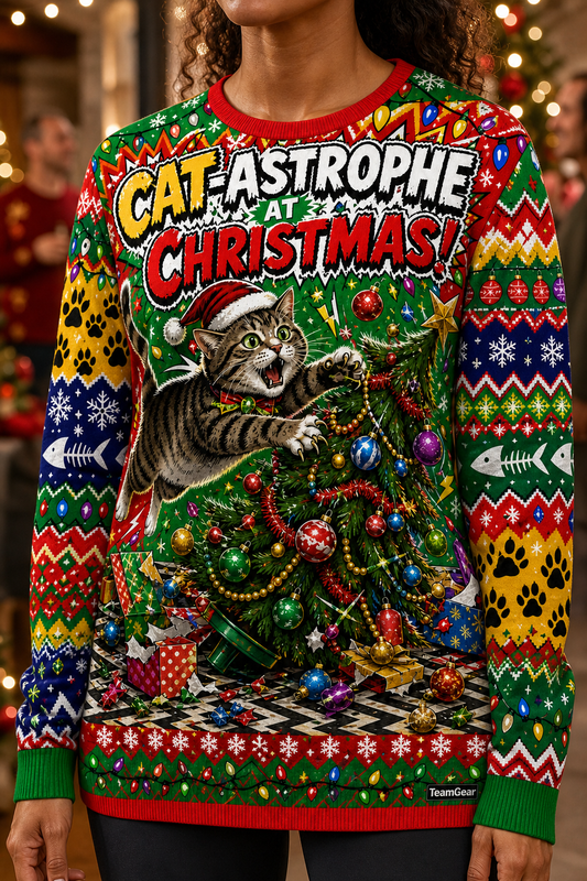 Cat Attacking the Christmas Tree Ugly Christmas Sweater — custom christmas team apparel worn on model — TeamGear Canada