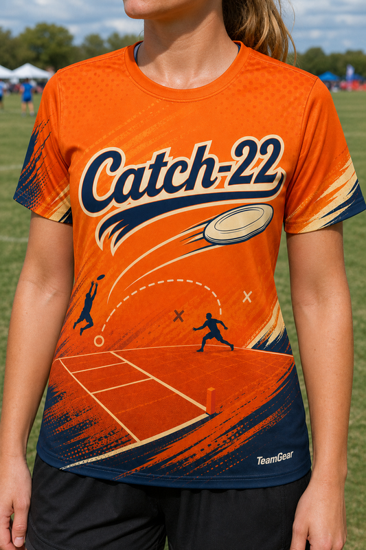 Catch-22 Orange Ultimate Frisbee Jersey — custom ultimate frisbee jersey worn on model — TeamGear Canada