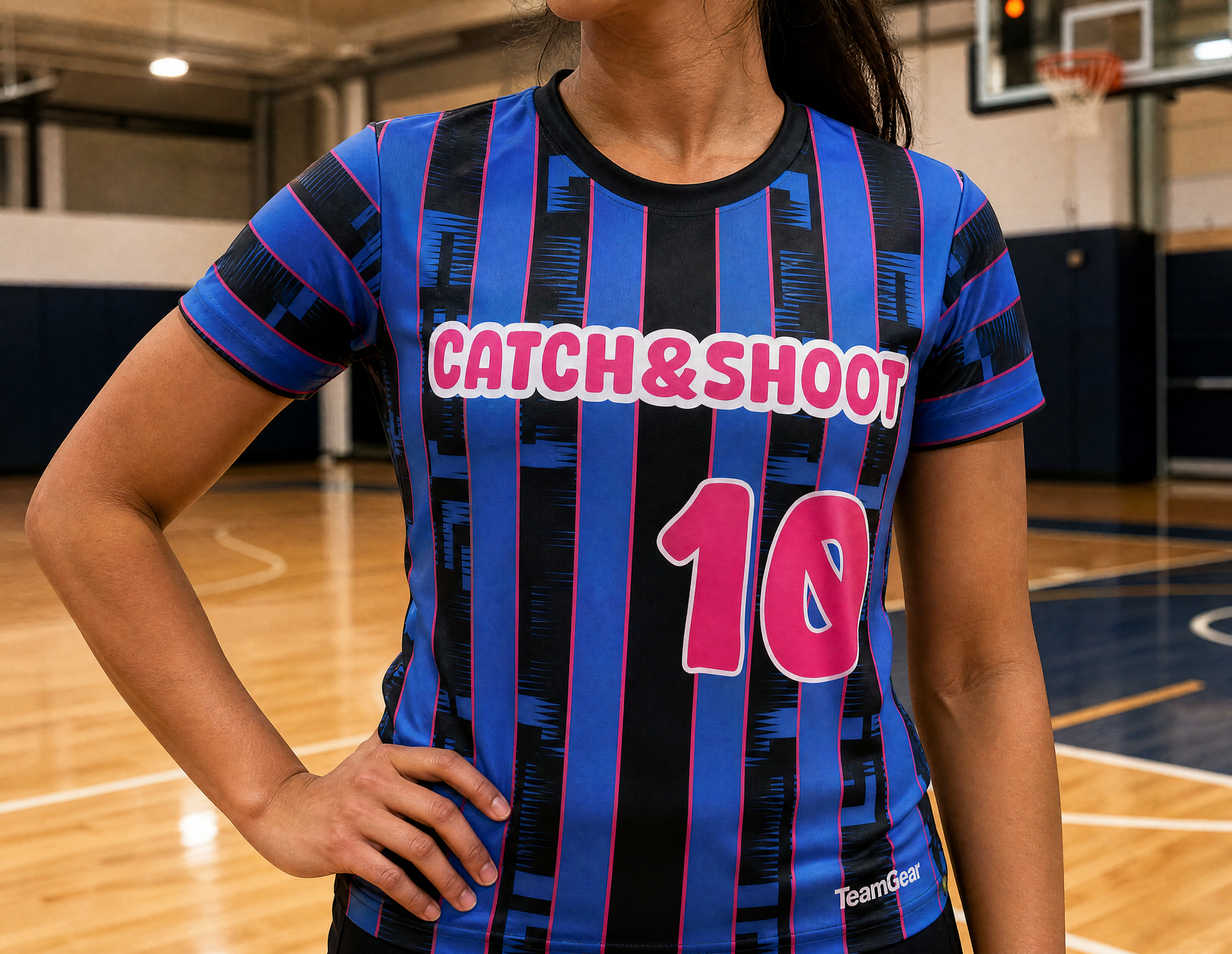 Catch and Shoot Blue Basketball Jersey — custom basketball jersey worn on model — TeamGear Canada