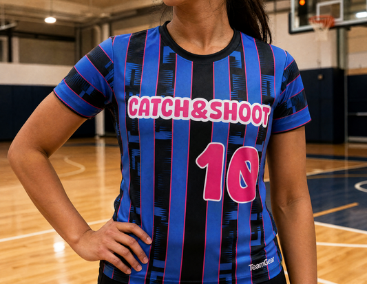 Catch and Shoot Blue Basketball Jersey — custom basketball jersey worn on model — TeamGear Canada