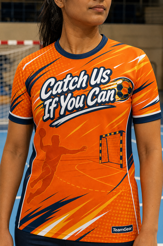 Catch Us If You Can Orange Handball Jersey — custom handball jersey worn on model — TeamGear Canada