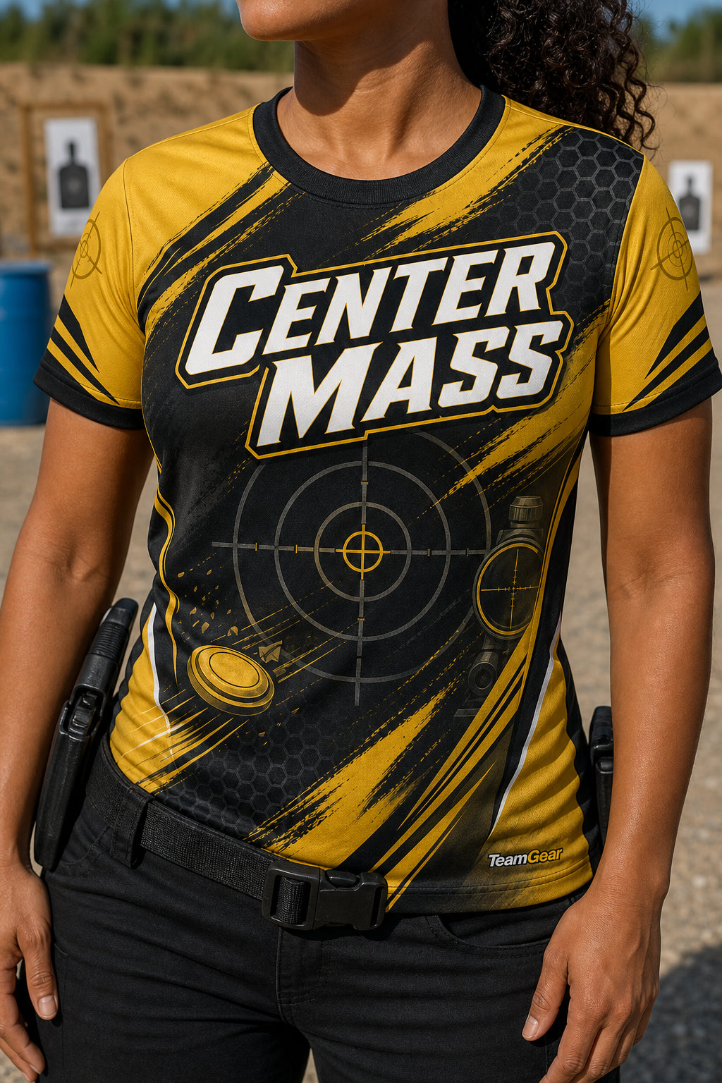 Center Mass Gold Shooting Jersey — custom shooting jersey worn on model — TeamGear Canada
