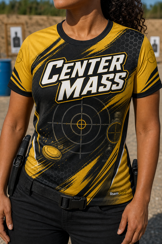 Center Mass Gold Shooting Jersey — custom shooting jersey worn on model — TeamGear Canada