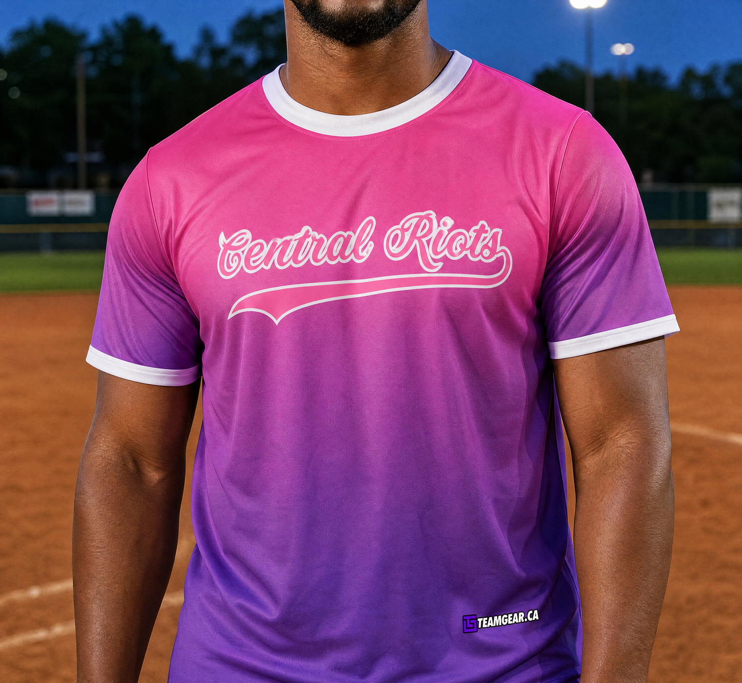 Central Riots Pink Softball Jersey — custom softball jersey worn on model — TeamGear Canada