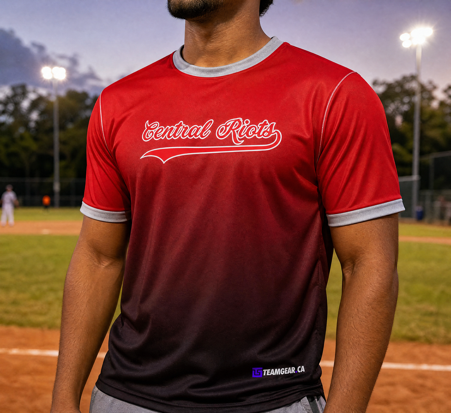 Central Riots Red Softball Jersey — custom softball jersey worn on model — TeamGear Canada