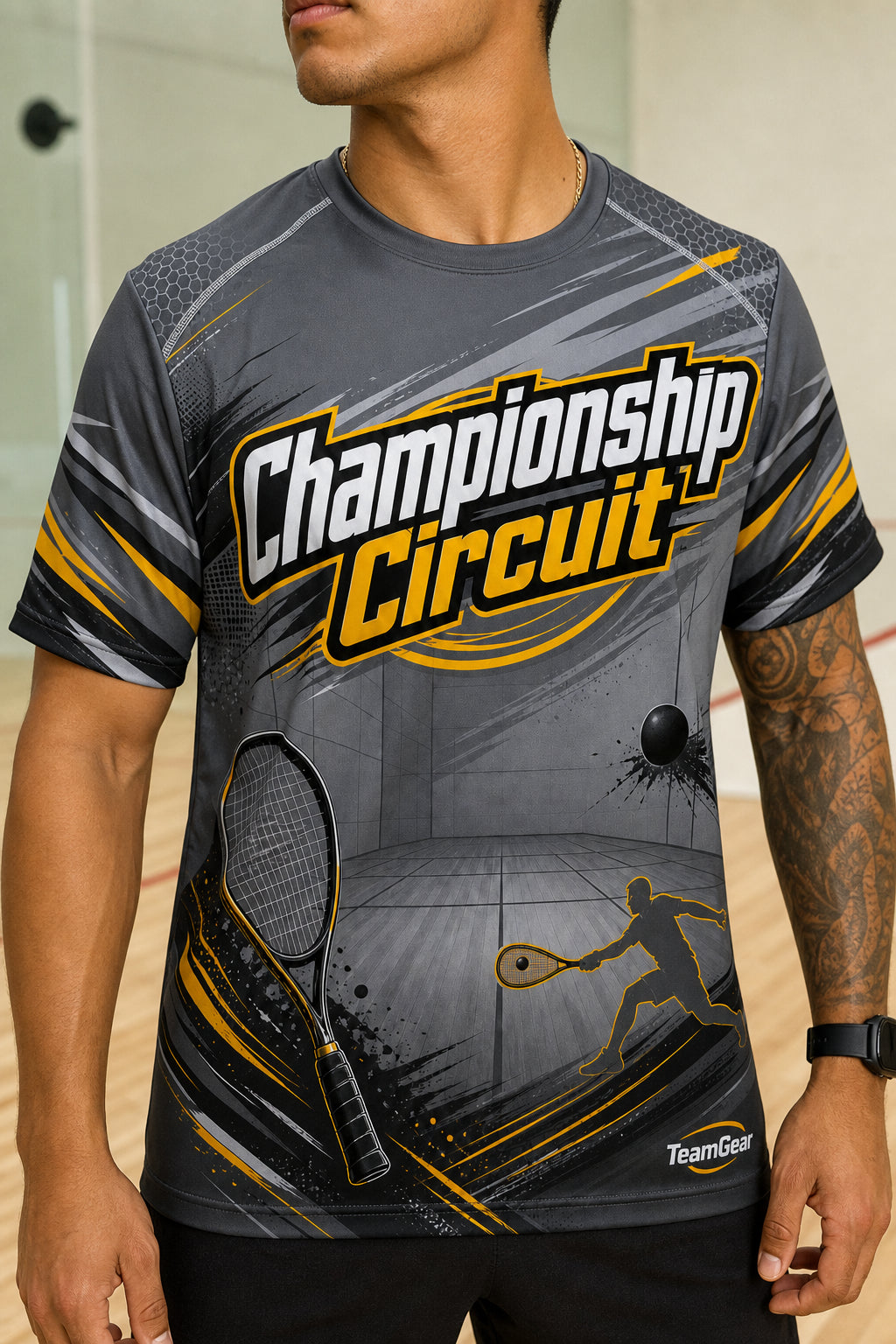 Championship Circuit Grey Racquetball Jersey — custom racquetball jersey worn on model — TeamGear Canada