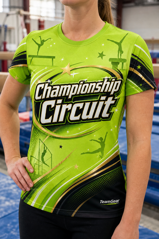 Championship Circuit Lime Gymnastics Jersey — custom gymnastics jersey worn on model — TeamGear Canada