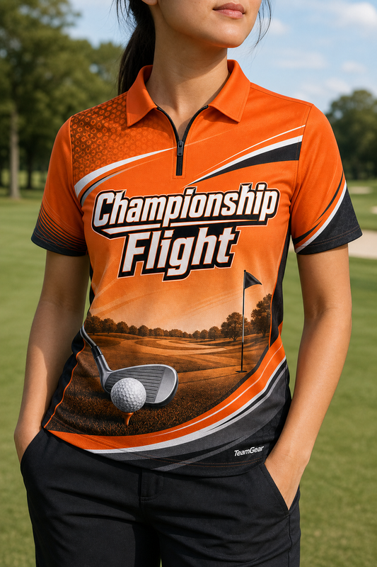 Championship Flight Orange Golf Polo — custom golf team apparel worn on model — TeamGear Canada
