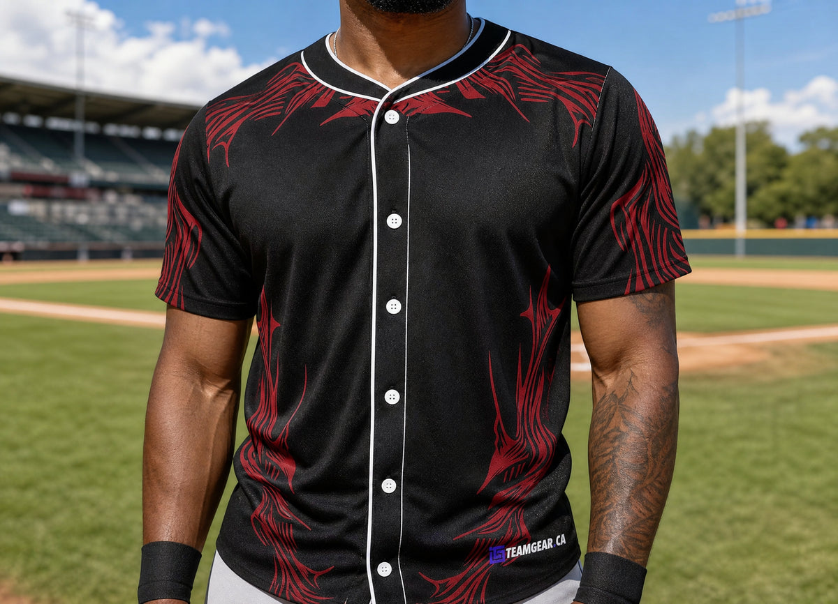 Chaos Black Baseball Jersey Full Button — custom baseball jersey worn on model — TeamGear Canada
