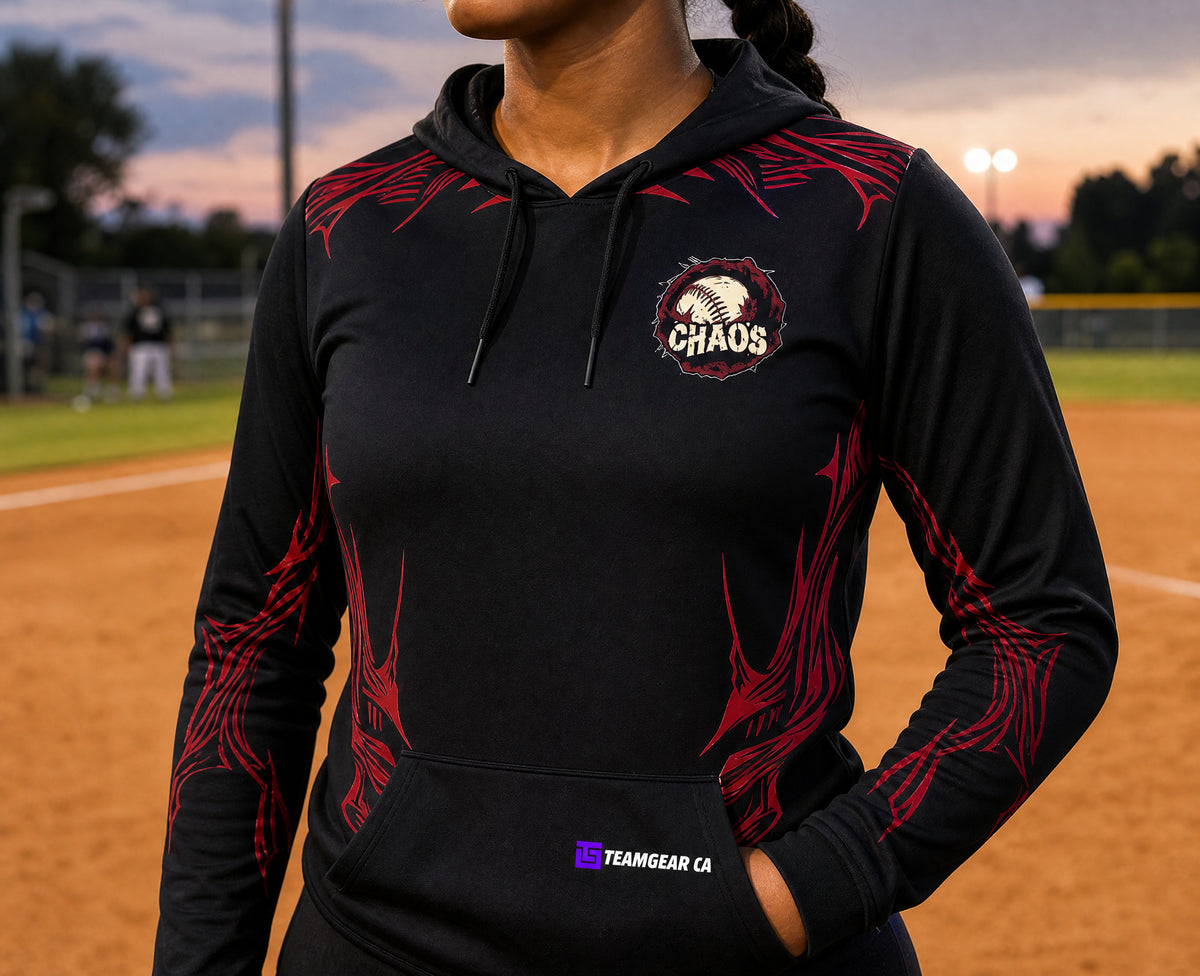 Chaos Black Softball Hoodie — custom softball hoodie worn on model — TeamGear Canada