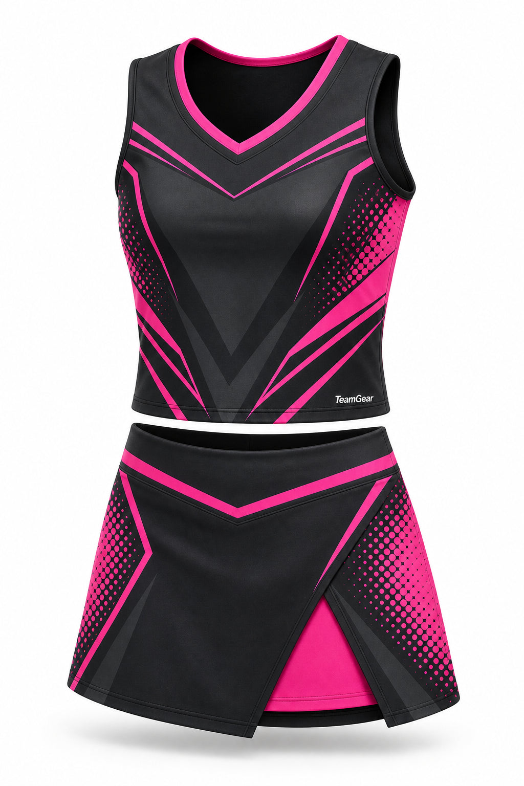 Charcoal and Neon Pink Cheerleading Uniform - front and back view