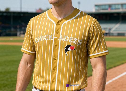 Chickadees Baseball Jersey Full Button — custom baseball jersey worn on model — TeamGear Canada