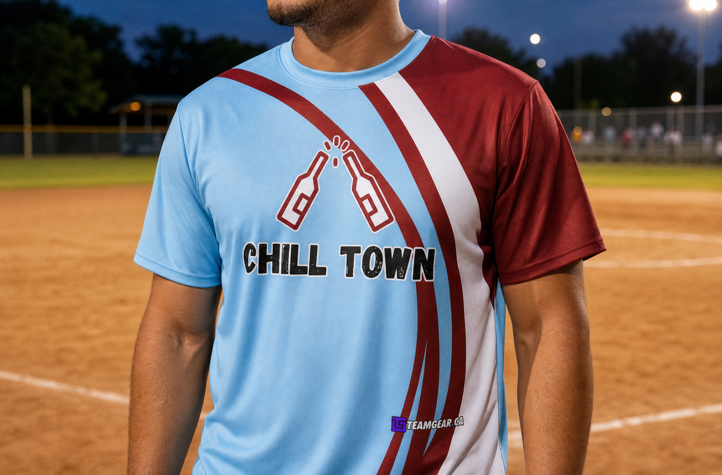 Chill Town Blue Softball Jersey — custom softball jersey worn on model — TeamGear Canada