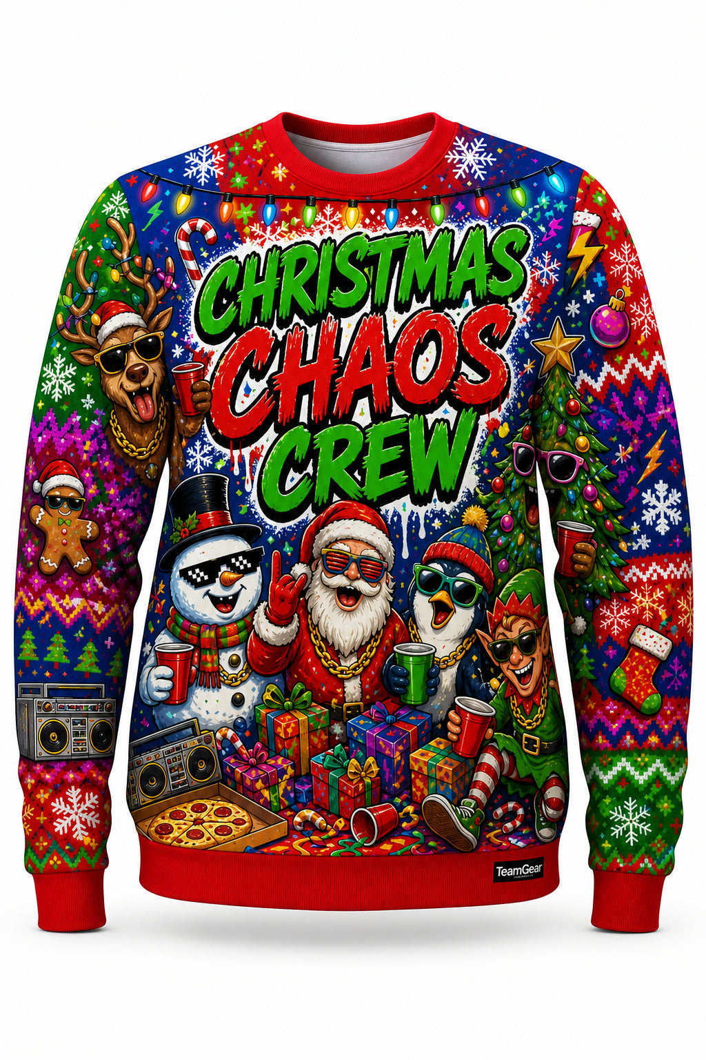 Christmas Chaos Crew Ugly Christmas Sweater - front and back view
