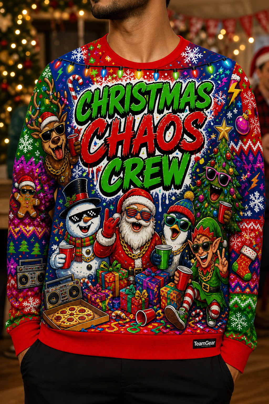 Christmas Chaos Crew Ugly Christmas Sweater — custom christmas team apparel worn on model — TeamGear Canada