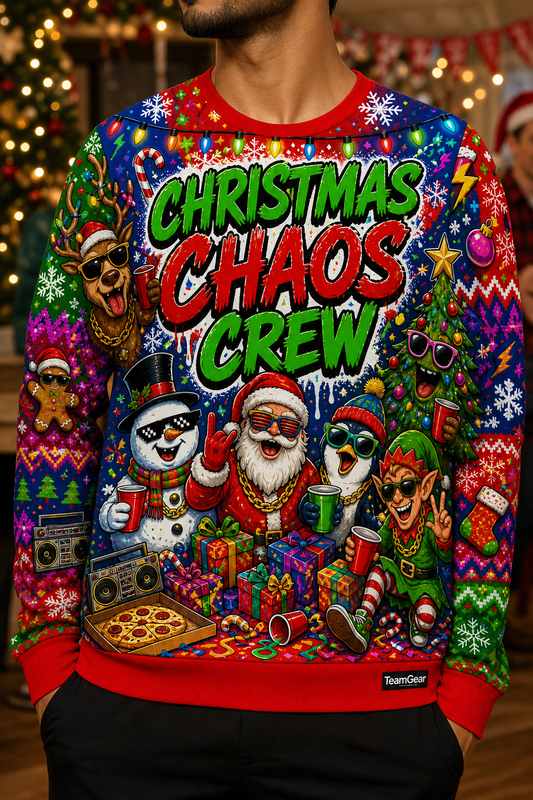 Christmas Chaos Crew Ugly Christmas Sweater — custom christmas team apparel worn on model — TeamGear Canada