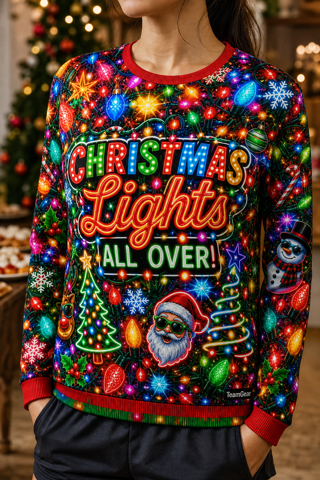 Christmas Lights All Over Ugly Christmas Sweater — custom christmas team apparel worn on model — TeamGear Canada
