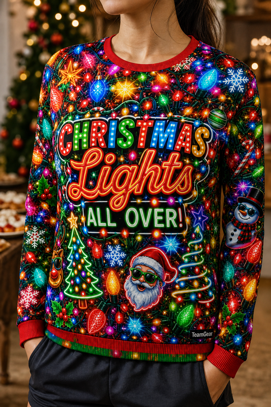 Christmas Lights All Over Ugly Christmas Sweater — custom christmas team apparel worn on model — TeamGear Canada
