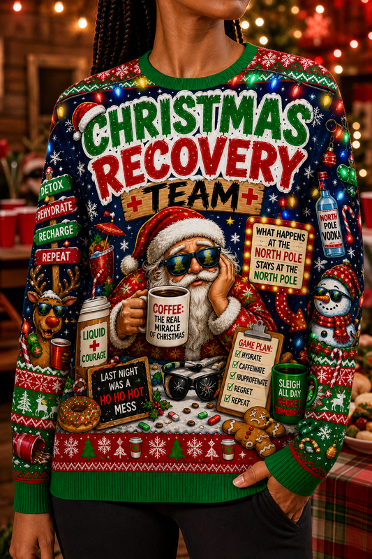 Christmas Recovery Team Ugly Christmas Sweater — custom christmas team apparel worn on model — TeamGear Canada