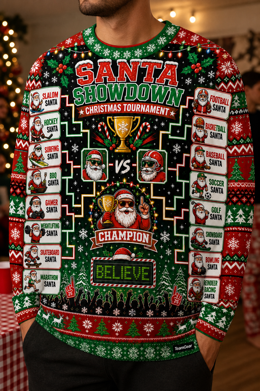 Christmas Tournament Bracket Ugly Christmas Sweater — custom christmas team apparel worn on model — TeamGear Canada