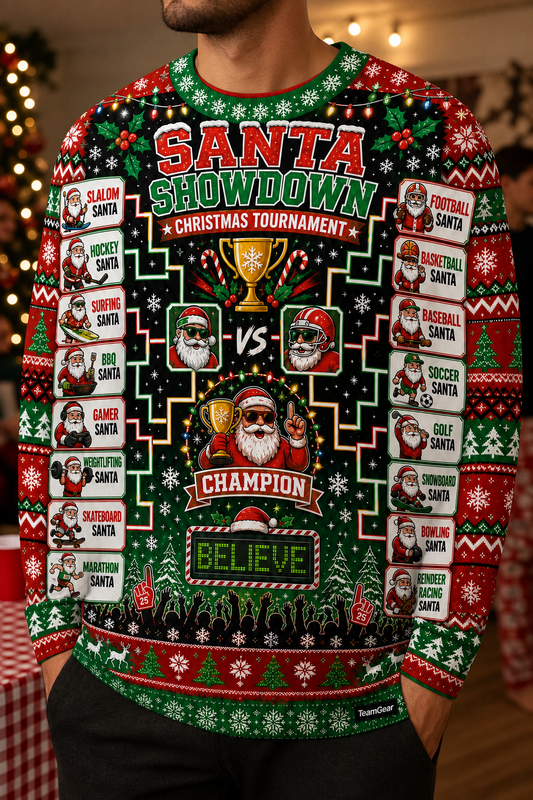 Christmas Tournament Bracket Ugly Christmas Sweater — custom christmas team apparel worn on model — TeamGear Canada