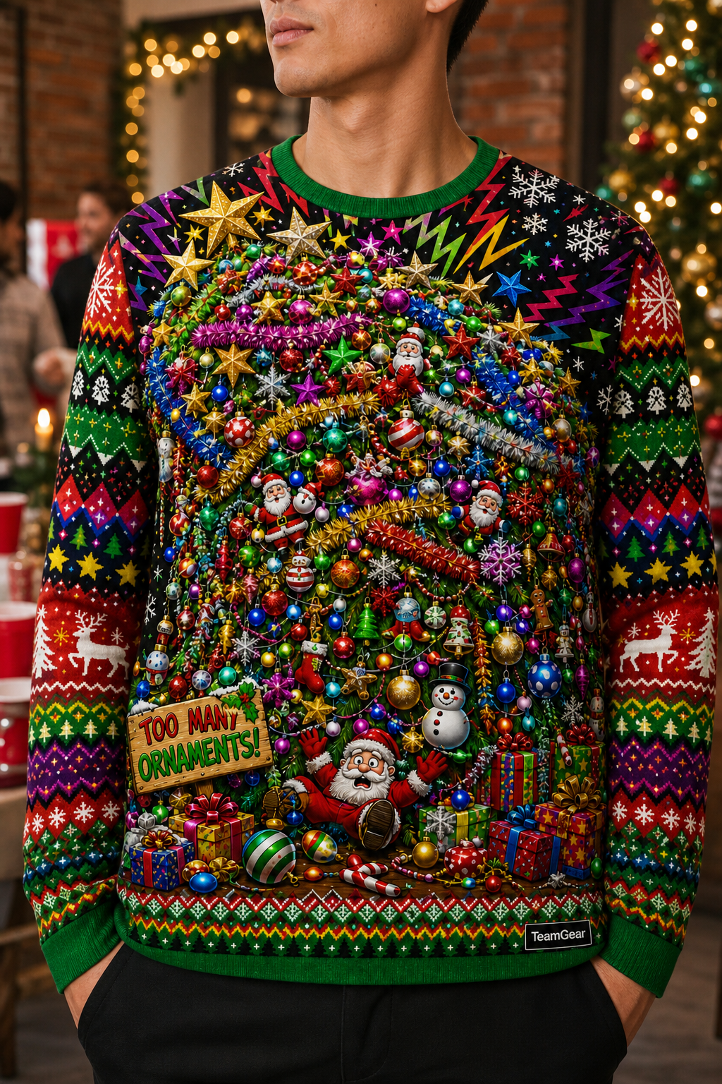 Christmas Tree Overloaded with Ornaments Ugly Christmas Sweater — custom christmas team apparel worn on model — TeamGear Canada