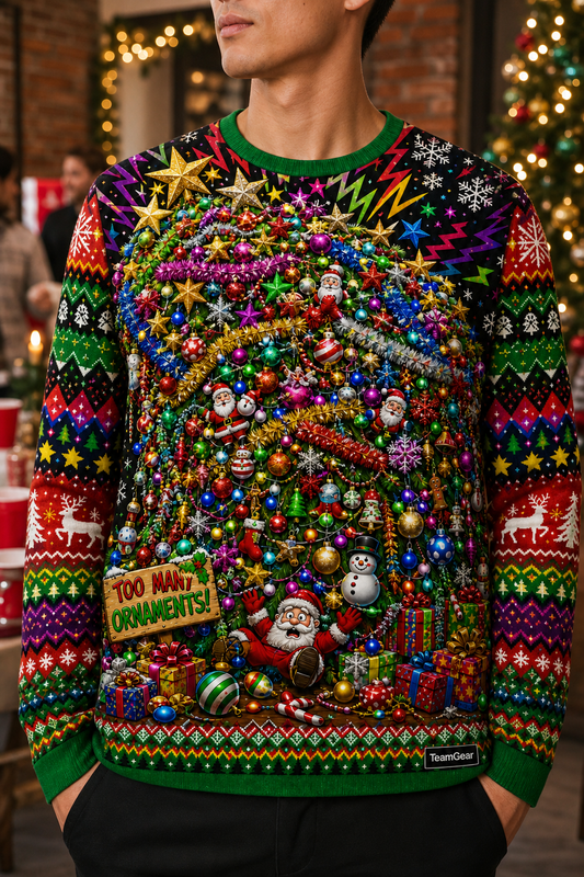 Christmas Tree Overloaded with Ornaments Ugly Christmas Sweater — custom christmas team apparel worn on model — TeamGear Canada