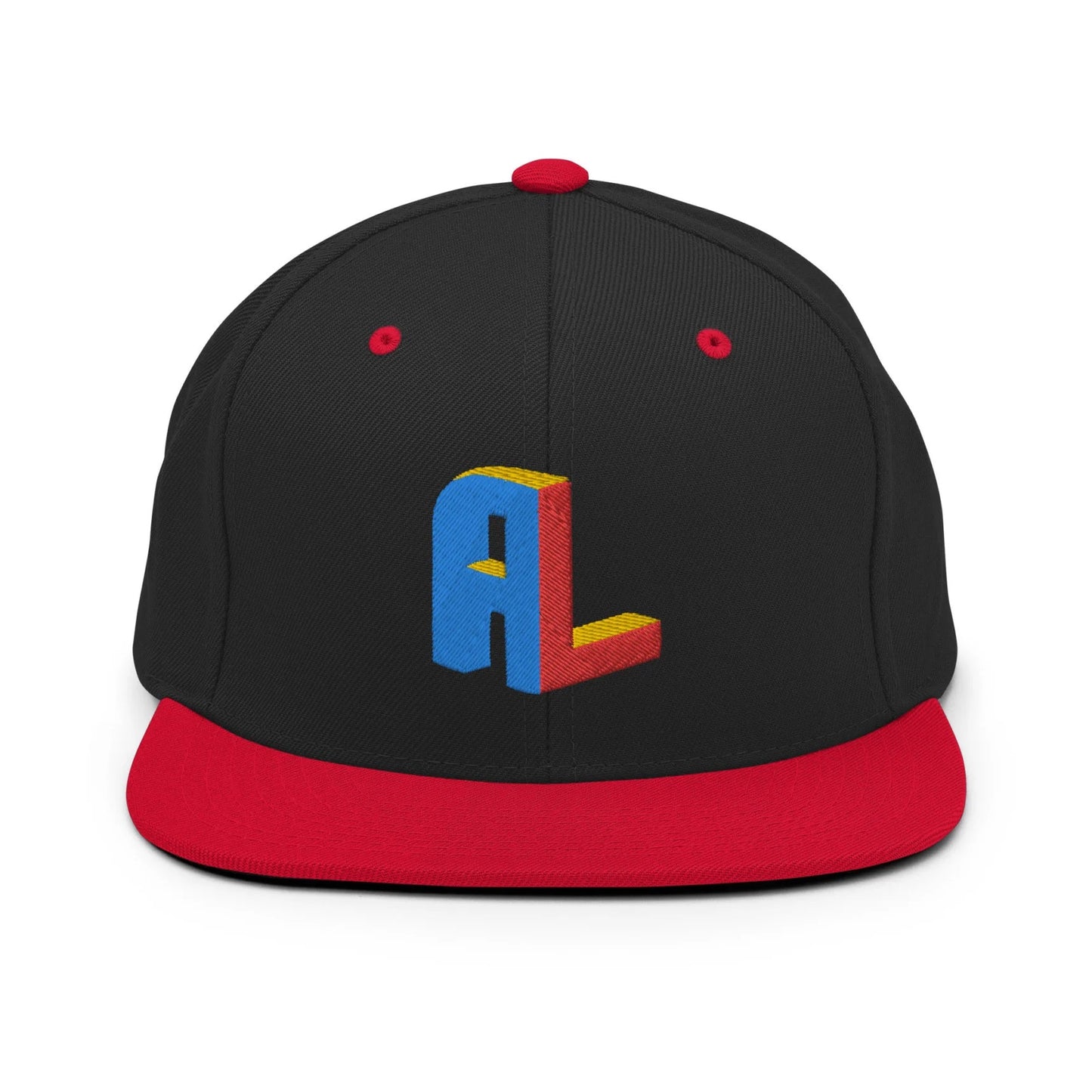 Ance Larmstrong ShowZone snapback hat in black with red brim and accents