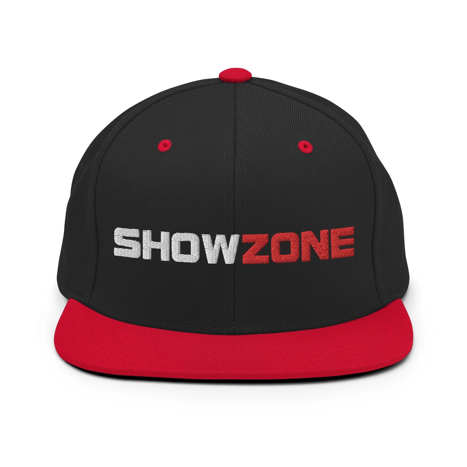 ShowZone snapback hat in black with text logo and red brim accents