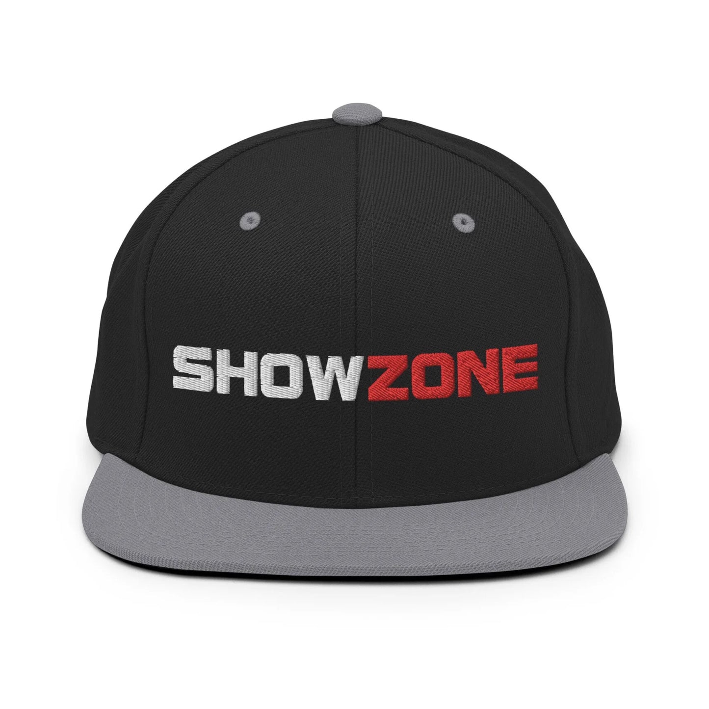 ShowZone snapback hat in black with text logo and grey brim accents