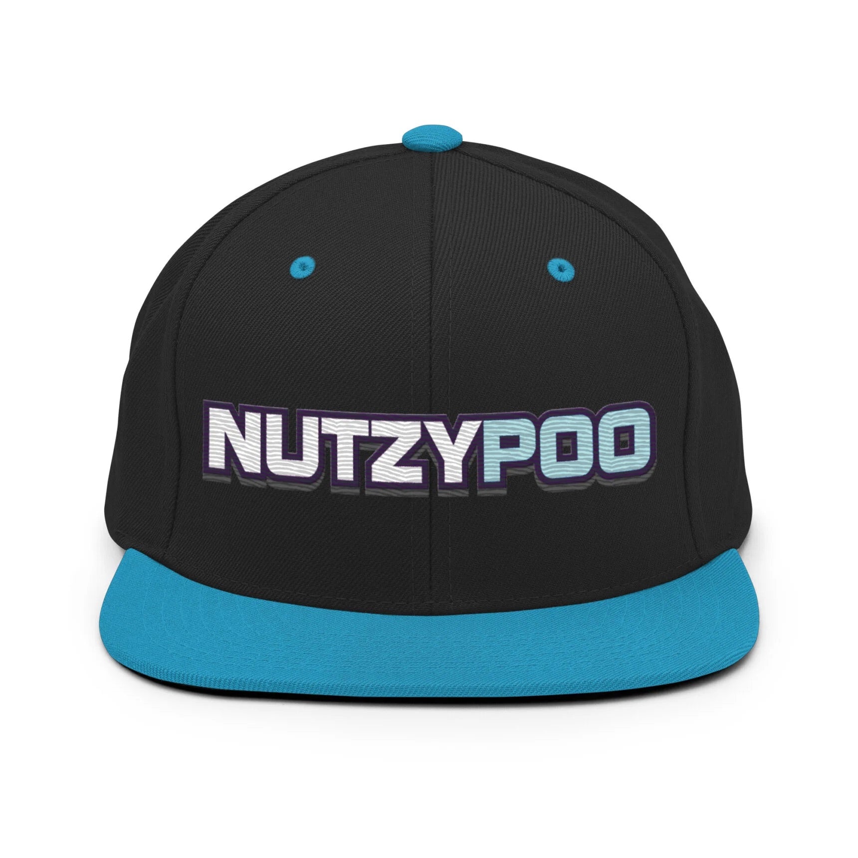 NutzyPoo ShowZone hat in black with blue brim and accents