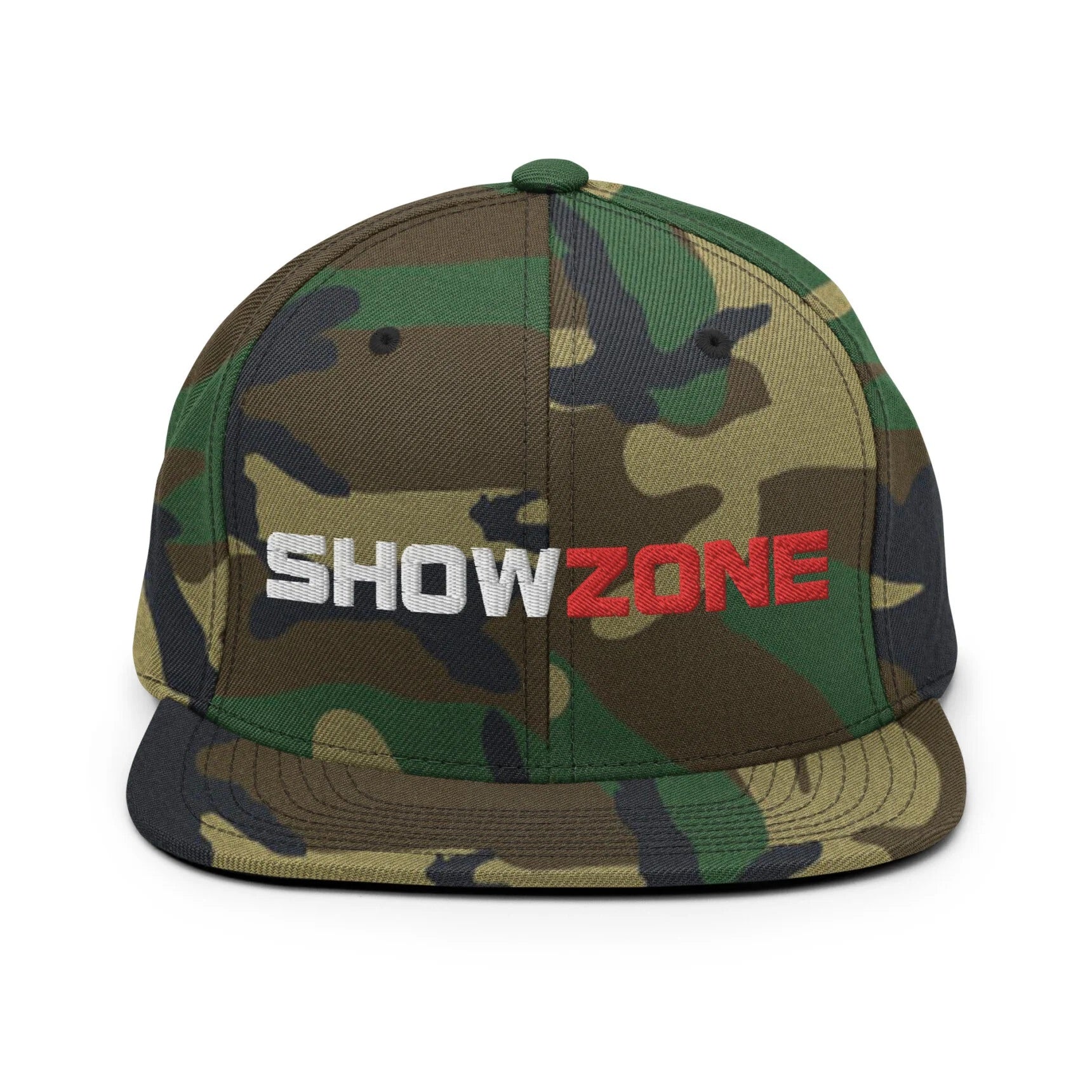 ShowZone snapback hat in green camo with text logo