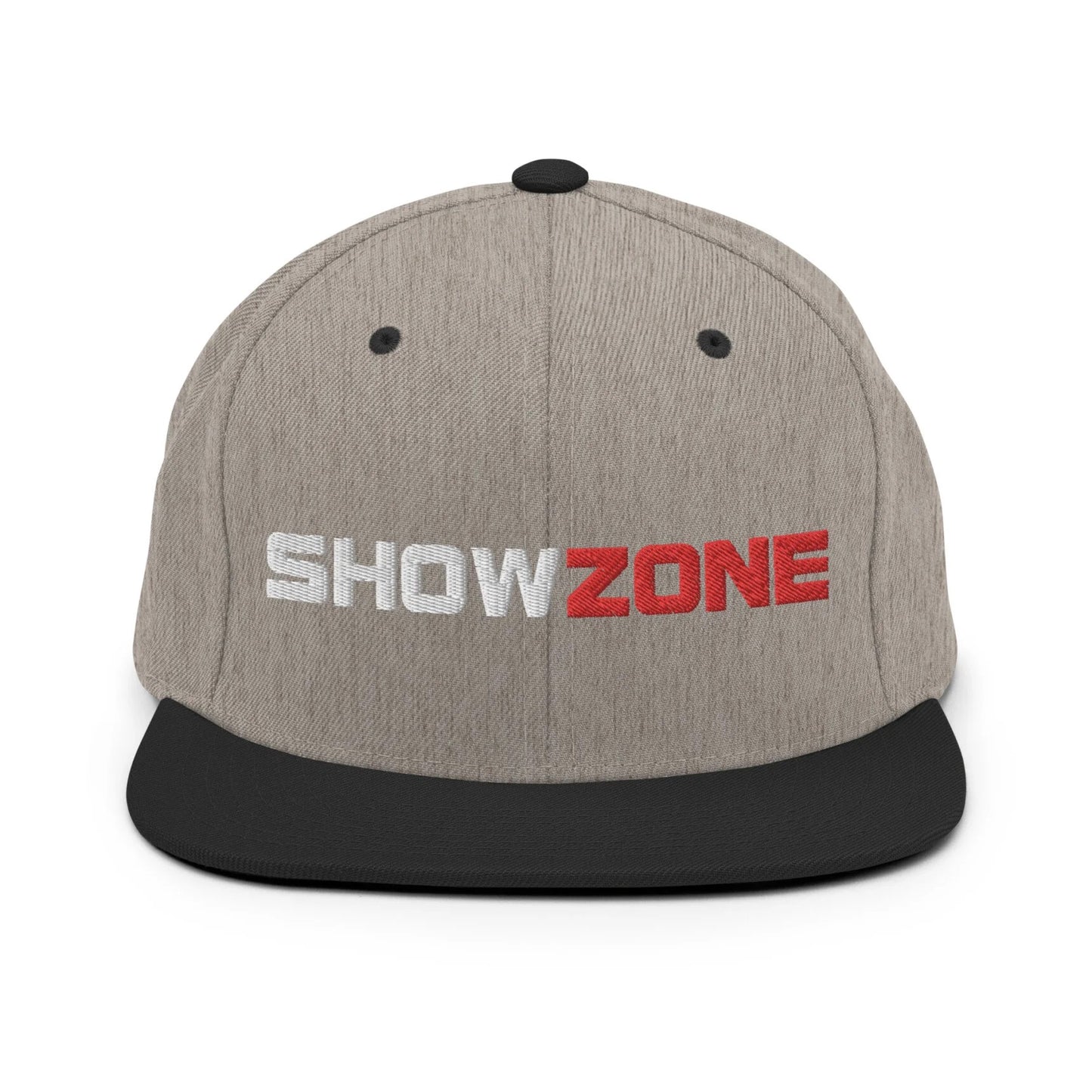 ShowZone snapback hat in heather grey with text logo and black brim accents