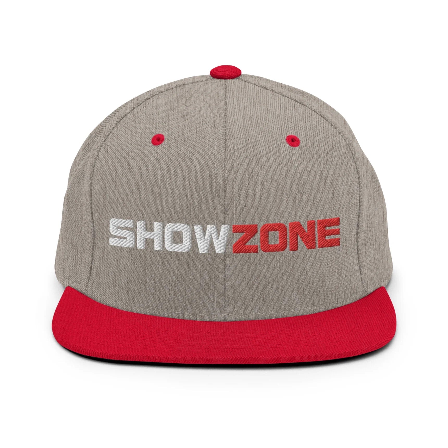 ShowZone snapback hat in heather grey with text logo and red brim accents
