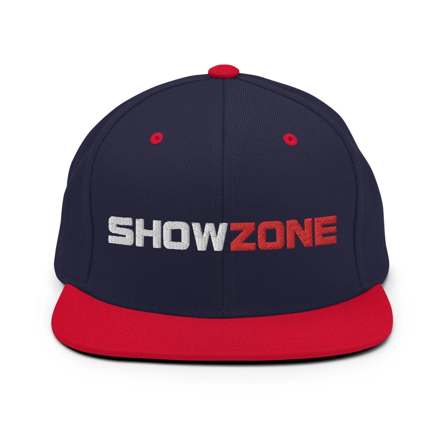 ShowZone snapback hat in navy with text logo and red brim accents