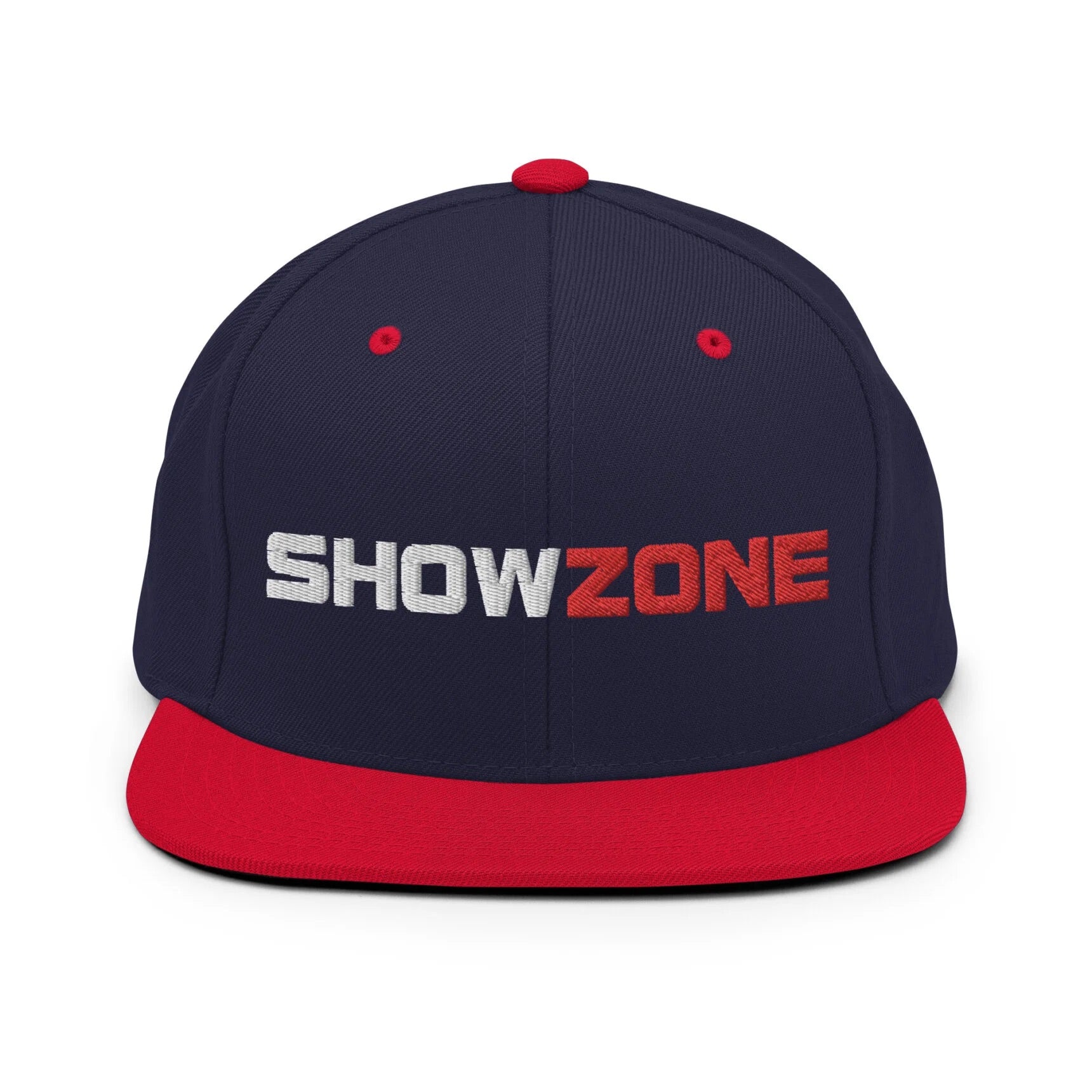 ShowZone snapback hat in navy with text logo and red brim accents