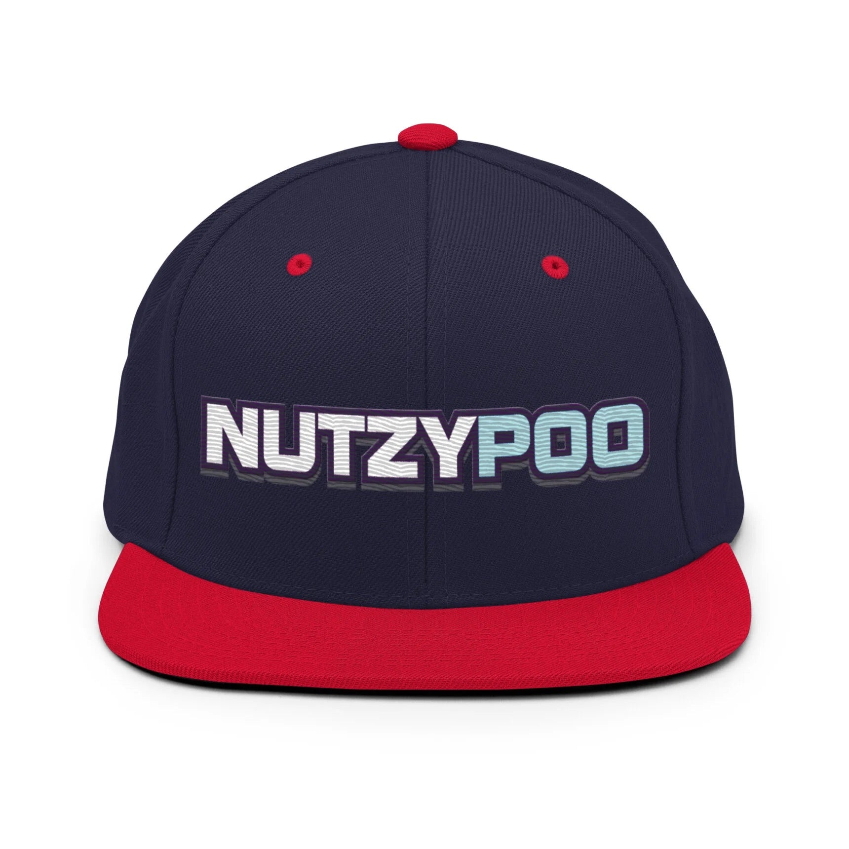 NutzyPoo ShowZone hat in navy blue with red brim and accents
