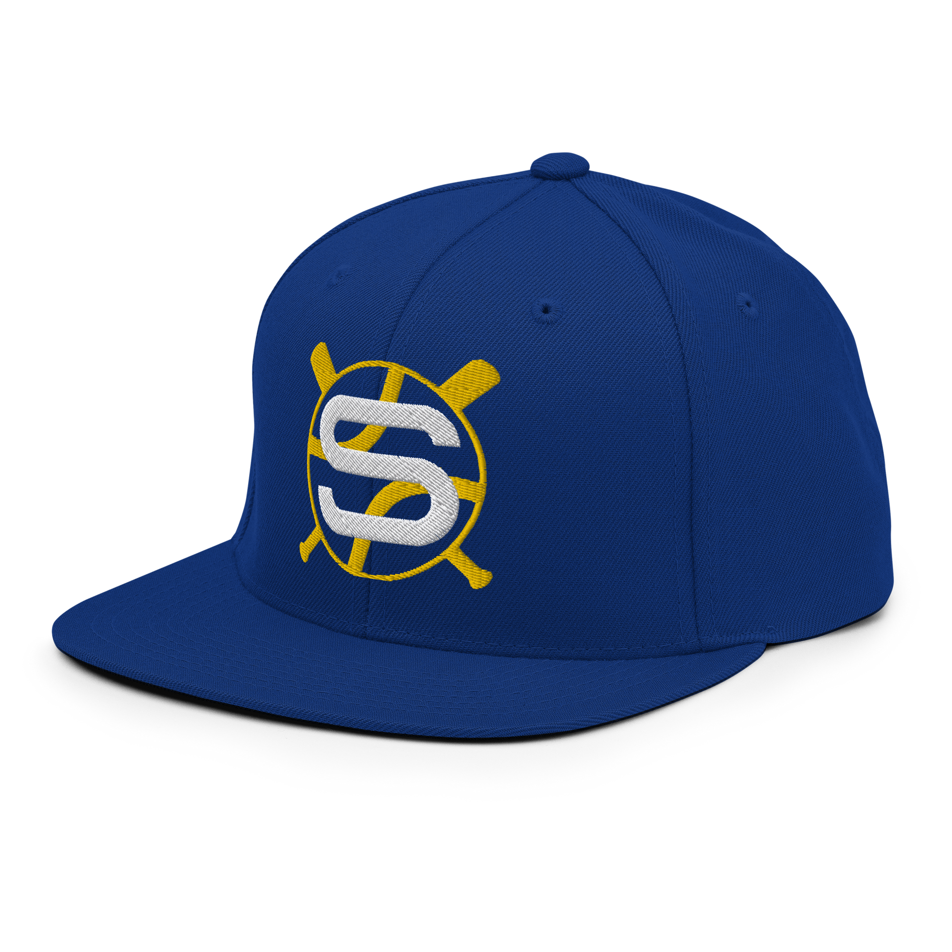 side view of classic Scann snapback hat in Royal Blue