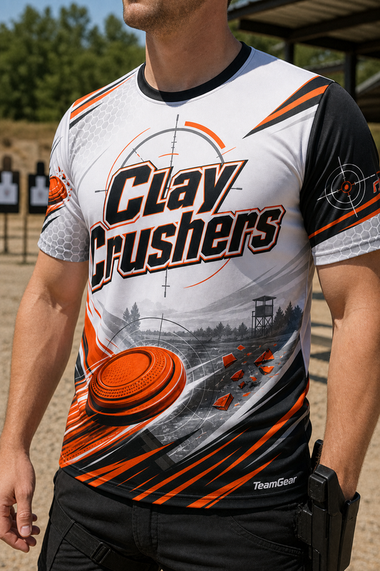 Clay Crushers White Shooting Jersey — custom shooting jersey worn on model — TeamGear Canada