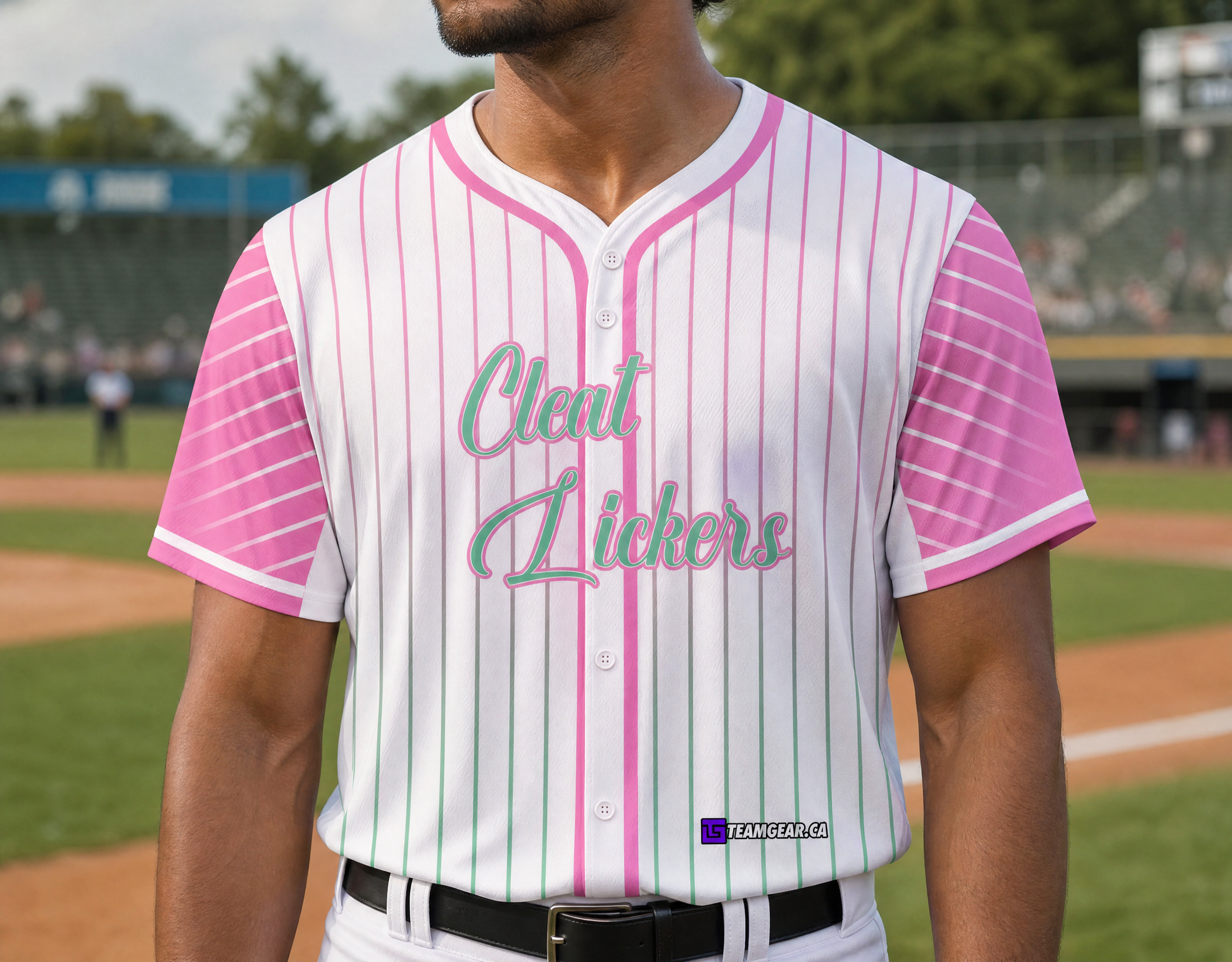 Cleat Lickers Baseball Jersey Full Button — custom baseball jersey worn on model — TeamGear Canada