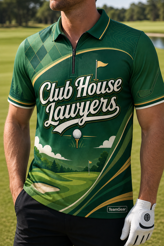 Club House Lawyers Green Golf Polo — custom golf team apparel worn on model — TeamGear Canada