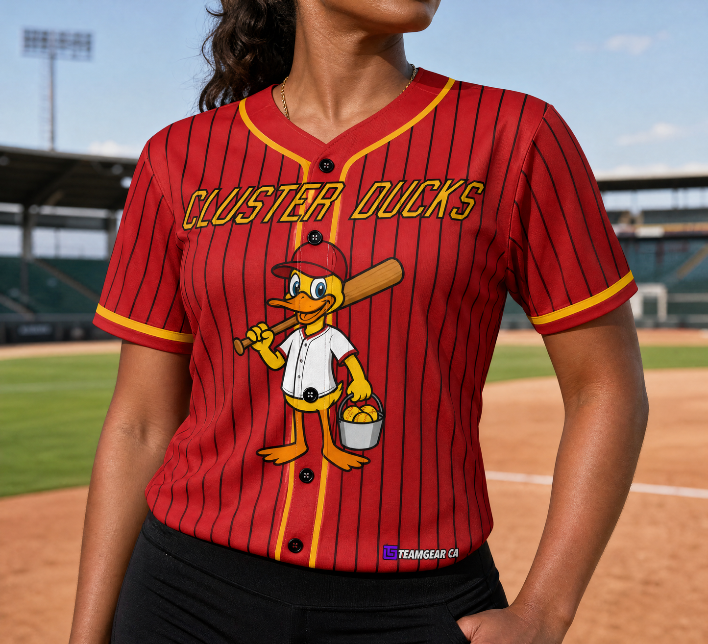 Cluster Ducks Baseball Jersey Full Button — custom baseball jersey worn on model — TeamGear Canada