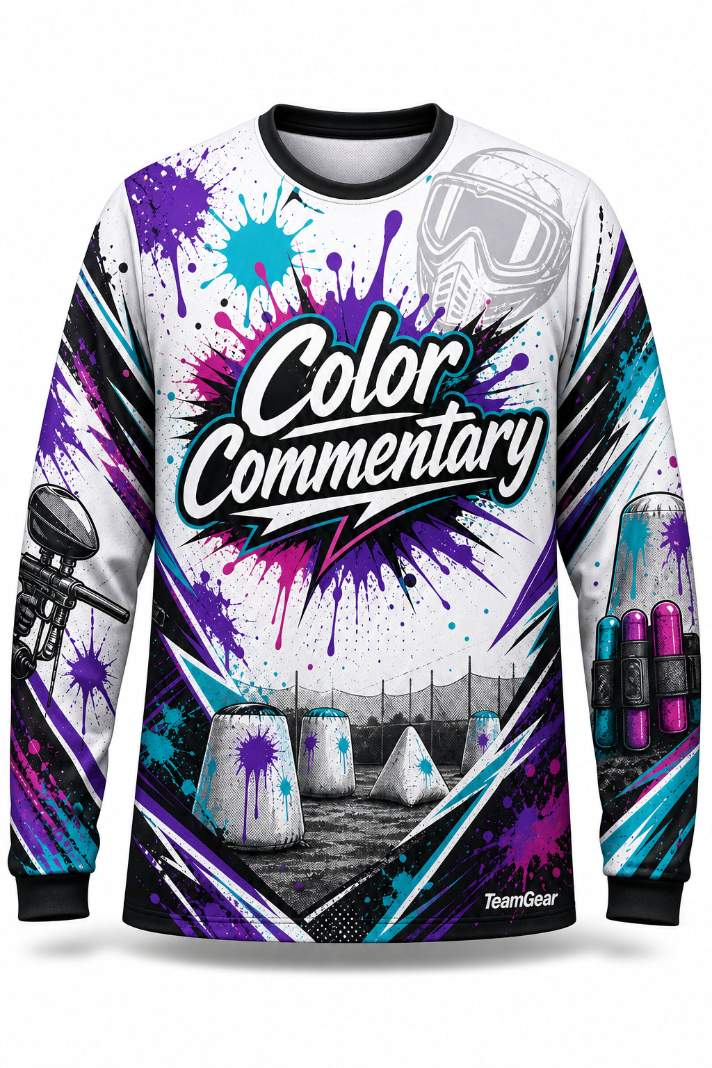 Color Commentary White Long Sleeve Paintball Jersey - front and back view