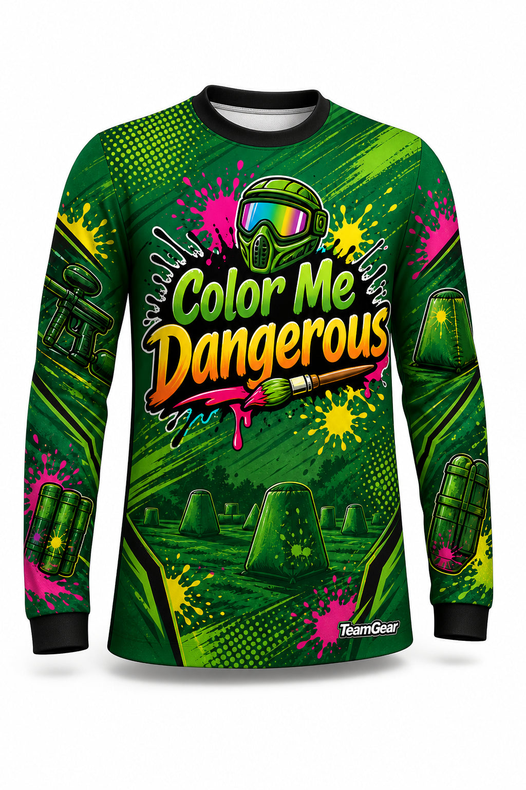 Color Me Dangerous Green Long Sleeve Paintball Jersey - front and back view