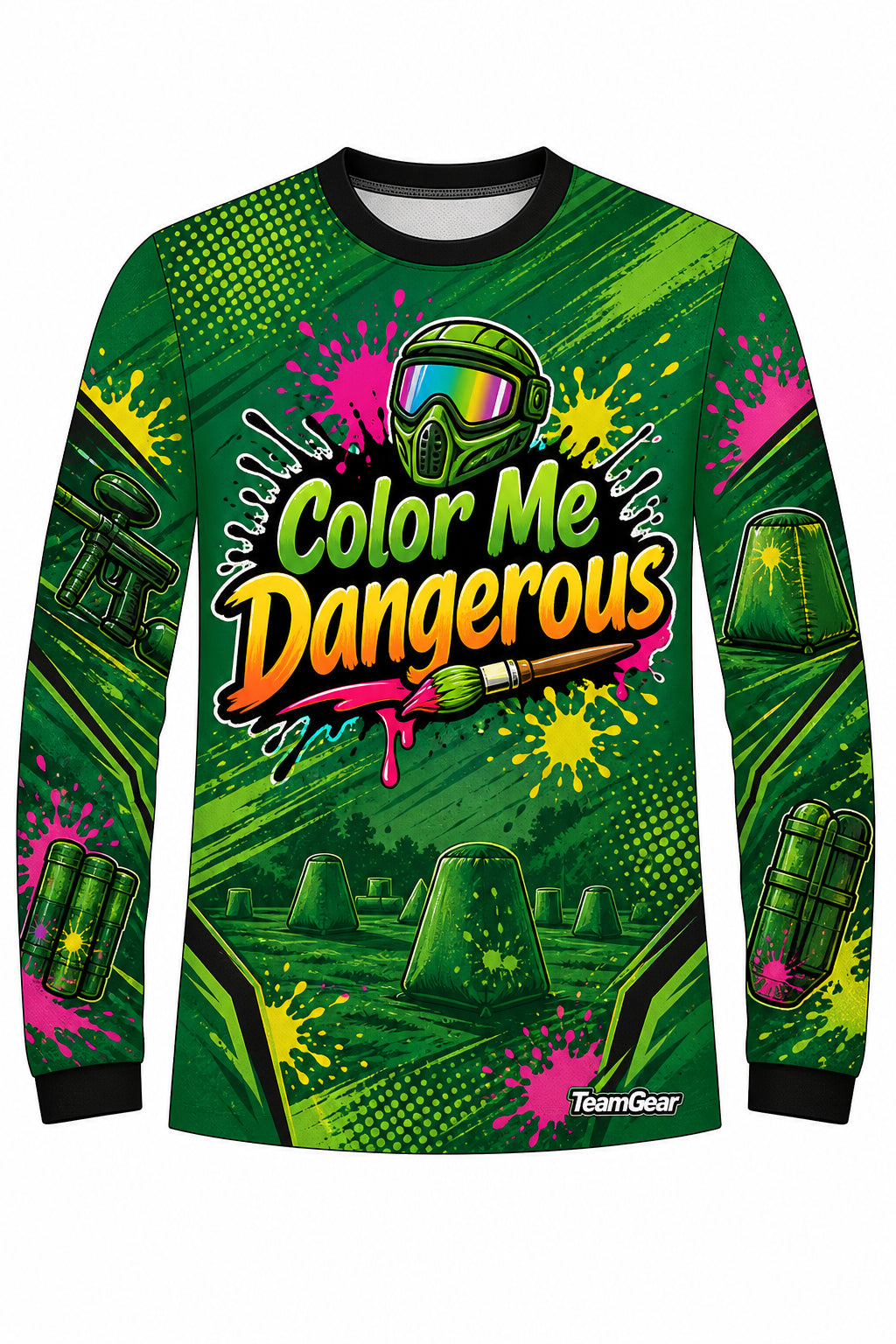 Color Me Dangerous Green Long Sleeve Paintball Jersey design