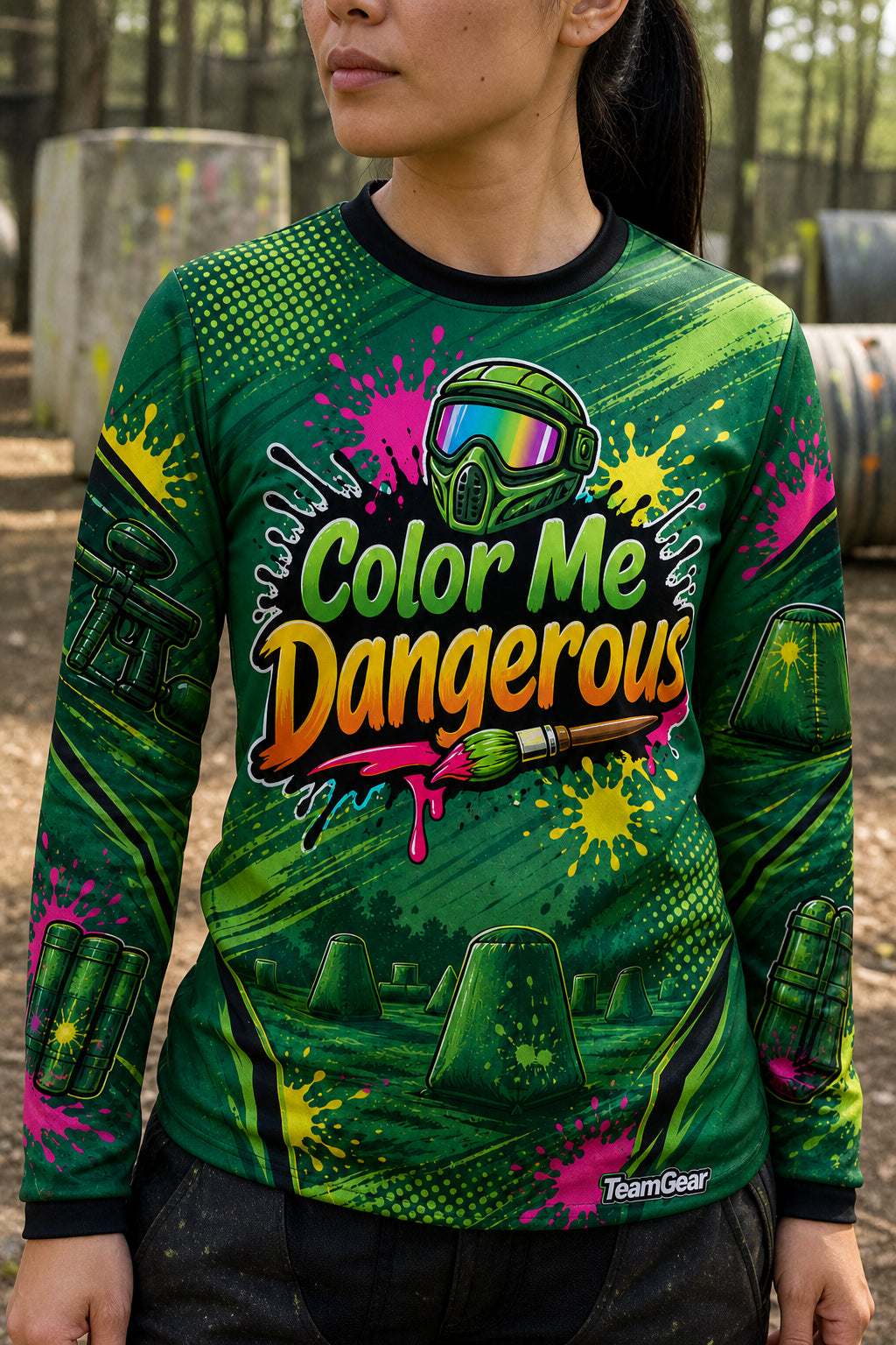 Color Me Dangerous Green Long Sleeve Paintball Jersey — custom paintball jersey worn on model — TeamGear Canada